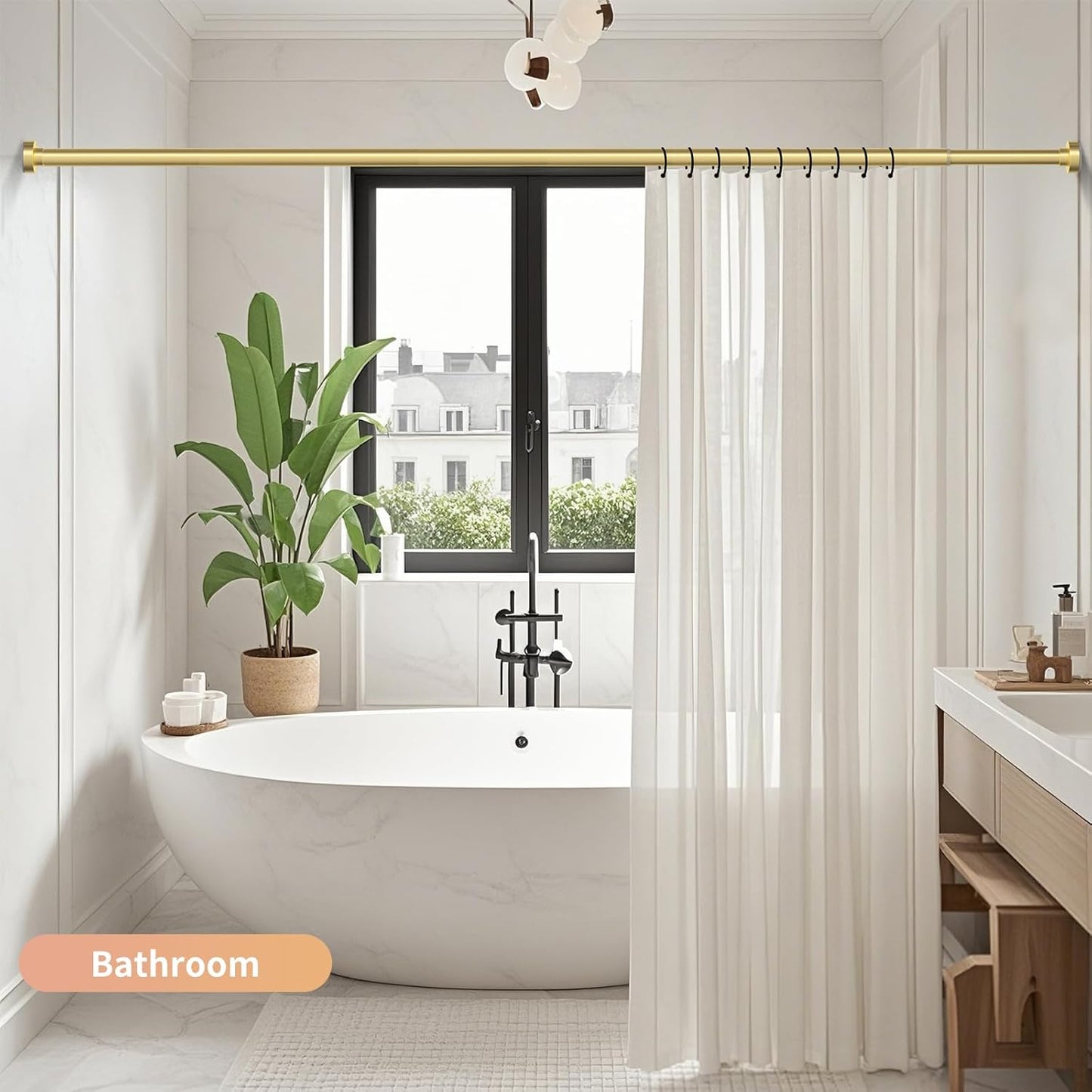 Gold Shower Curtain Rod 34-66 Inches(2.8-5.5ft) Never Rust Adjustable Shower Rod Spring Tension Non Slip No Drilling Shower Rods for Bathroom Garland Window