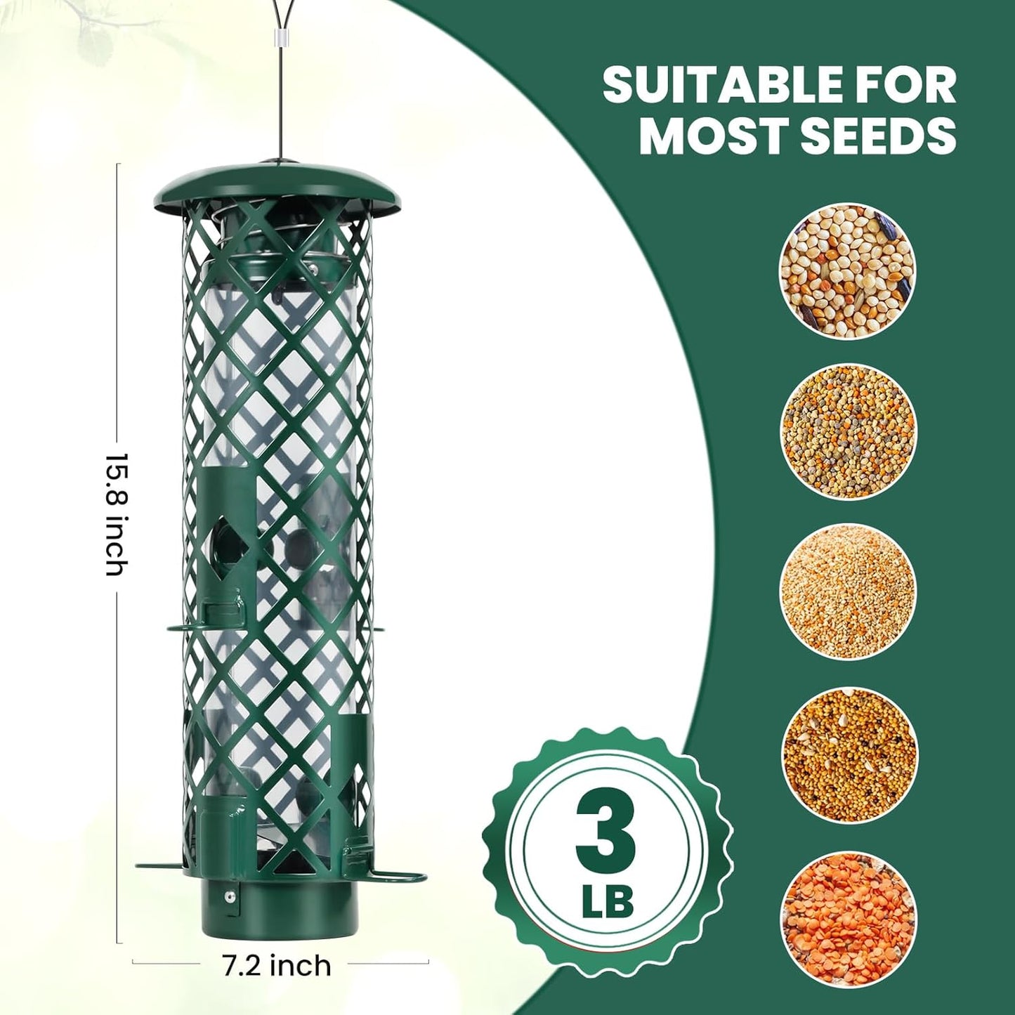 Squirrel Proof Bird Feeder for Outdoors, Weight-Activated Metal Hanging Bird Feeder, 3LB Large Capacity Wild Bird Feeder with Drainage Holes for Garden Patio Yard, Green