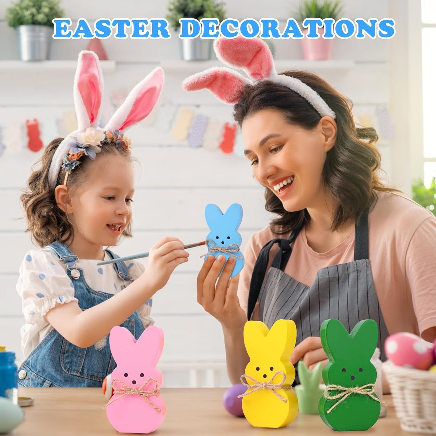Easter Décor, 4 Pcs Wooden Peep Bunny Decorations for Tiered Tray, Mantel, Farmhouse, Cute Spring Signs for Home, Office, Party Supplies