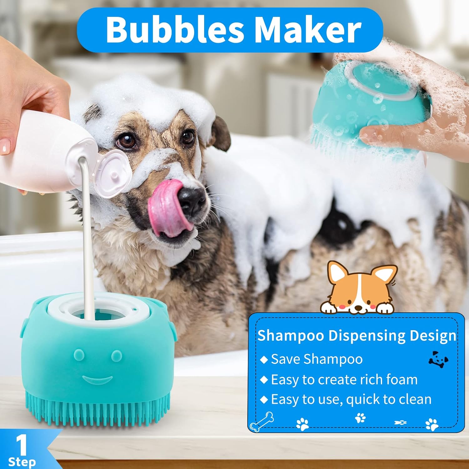 Comotech 6PCS Dog Bath Brush & Dog Toothbrush | Adjustable Handle Sham