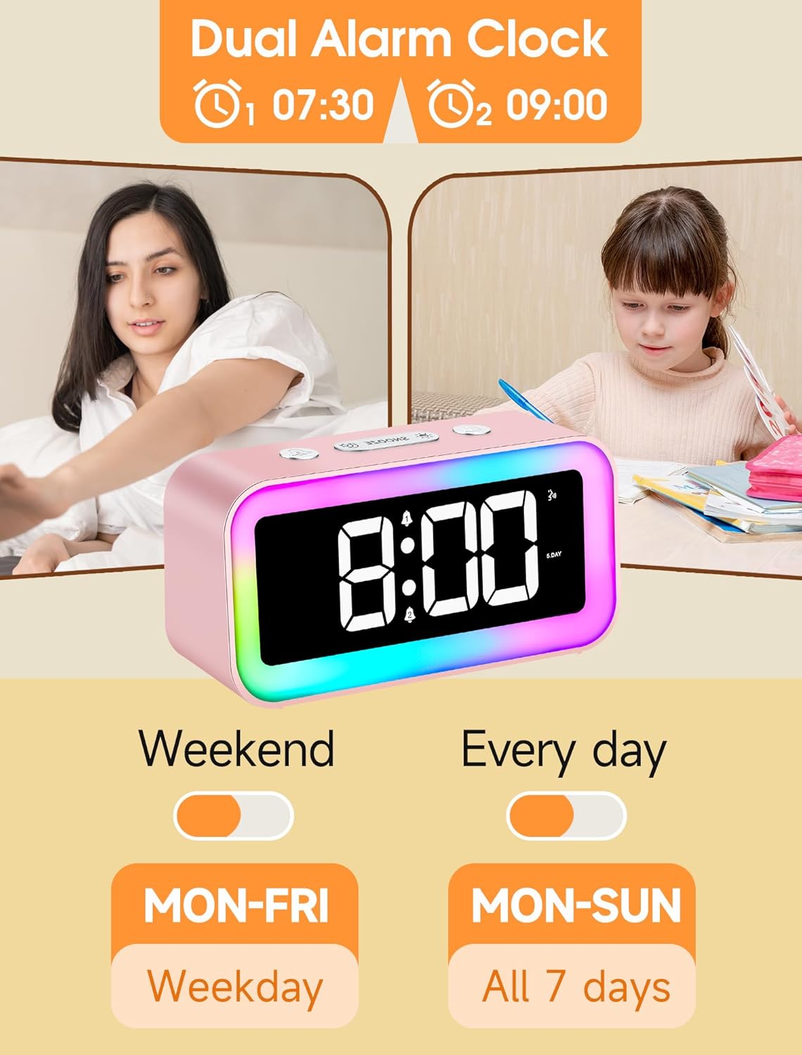 Cadmos Cute Pink Loud Alarm Clock with RGB Night Light - Perfect for Girls Room Decor and Kawaii Gifts, Small Size for Bedside or Desk Lamp in Bedrooms, Ideal for Kids, Teens (Light Pink)