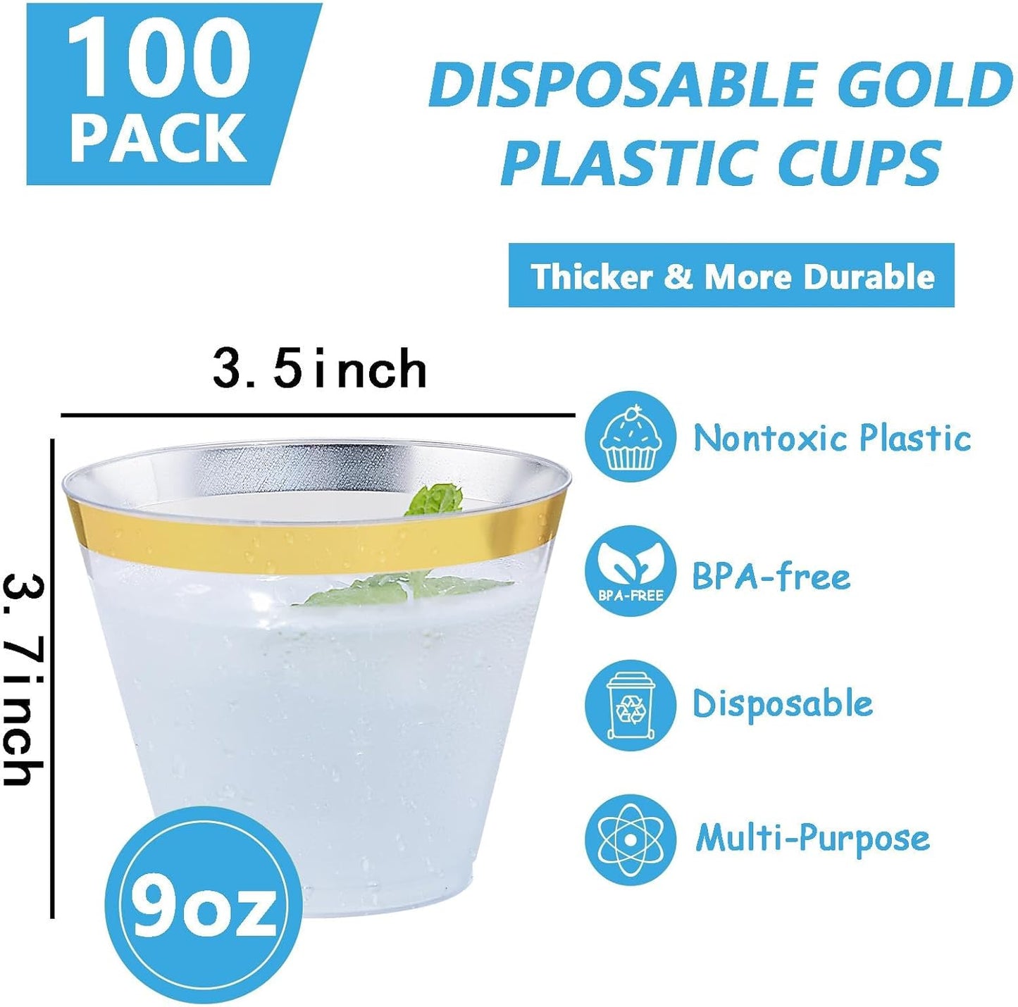Hioasis 200Pcs 9OZ Clear Cups - Plastic Disposable Cups with Gold Trim, Heavy Duty & BPA-free for Party, Wedding, Reception