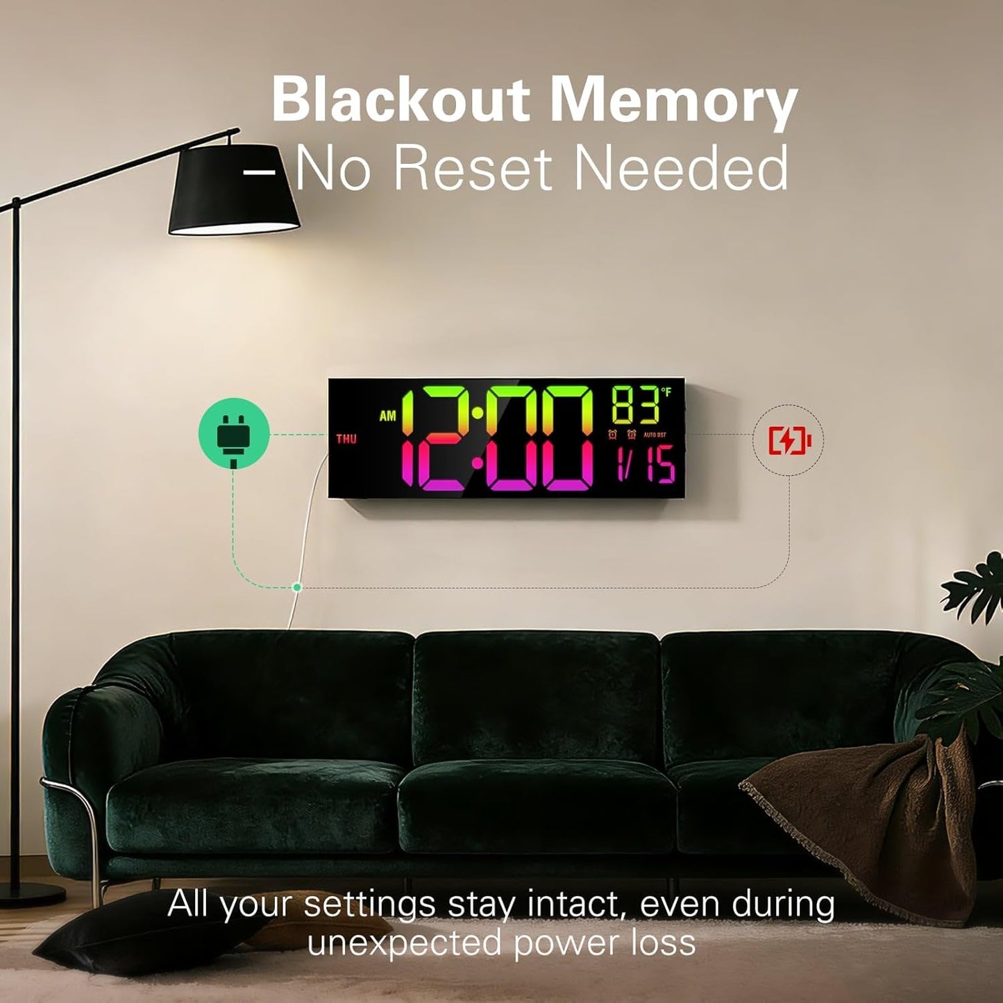 JALL 16.15 inch Large Digital Wall Clock, RGB Lights with Remote Control, Dual Alarms with Big LED Display, Auto DST, C° / F° Temperature for Classroom, Birthday Gift, Senior
