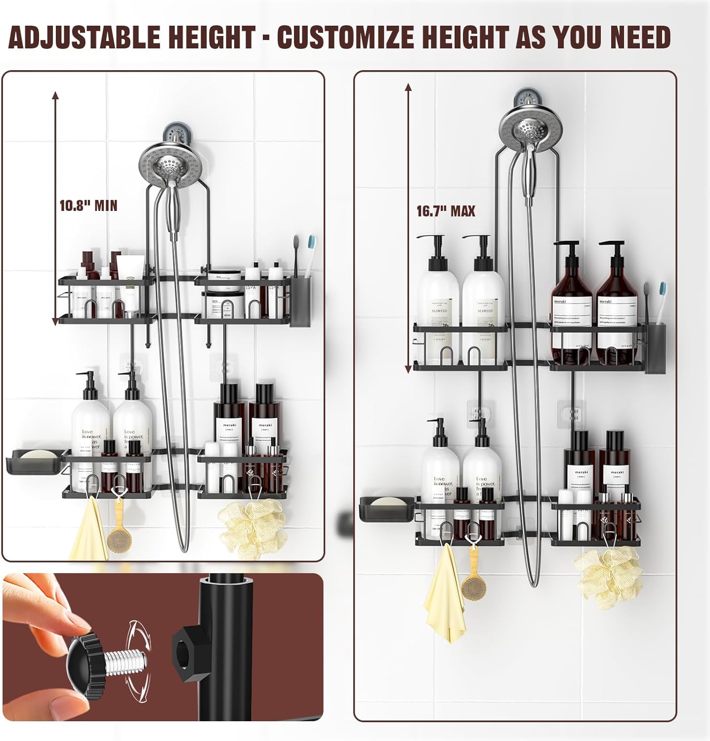 REINHARDT Adjustable Shower Caddy Hanging Rustproof Shower Caddy for Handheld Showerheads, Shower Organizer with Hooks Soap Holder Toothbrush Holder, Anti-Swing Shower Rack Bathroom Accessories, Black