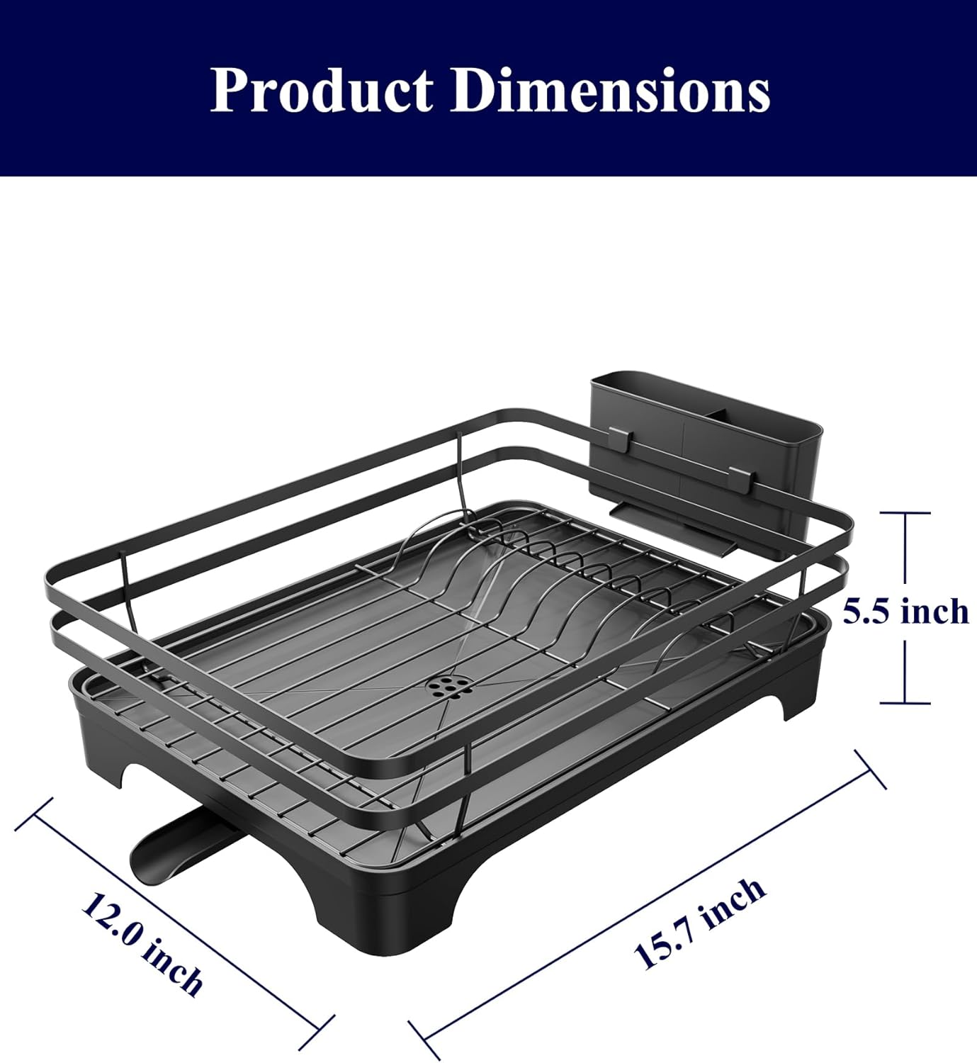 Kitsure Dish Drying Rack - Multi-Functional Dish Rack for Kitchen Counter with Cutlery Holder, Rust-Proof Storage Solution with Rotatable, 15.7" x 12.0" x 5.5", Black