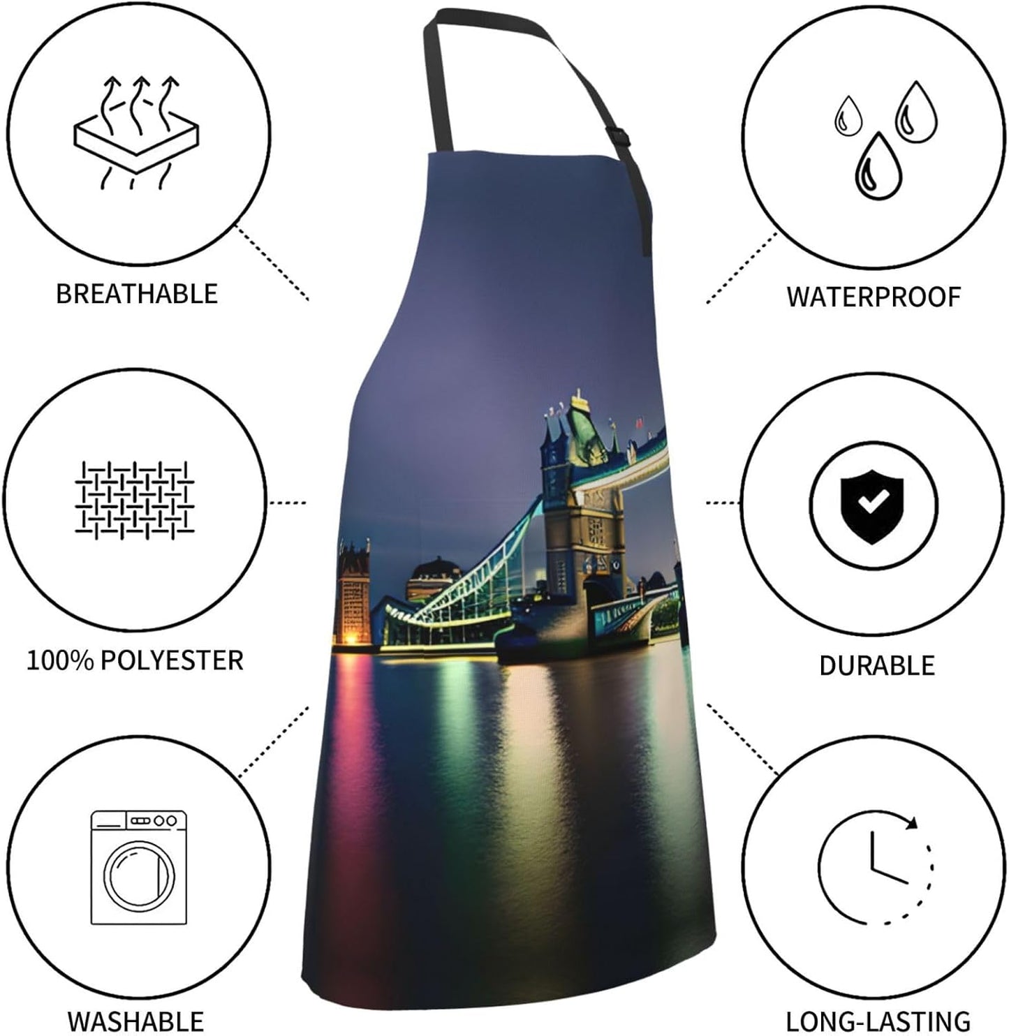 Night London Tower Bridge print Waterproof chef's apron with pocket apron for kitchen cooking baking barbecue and gardening
