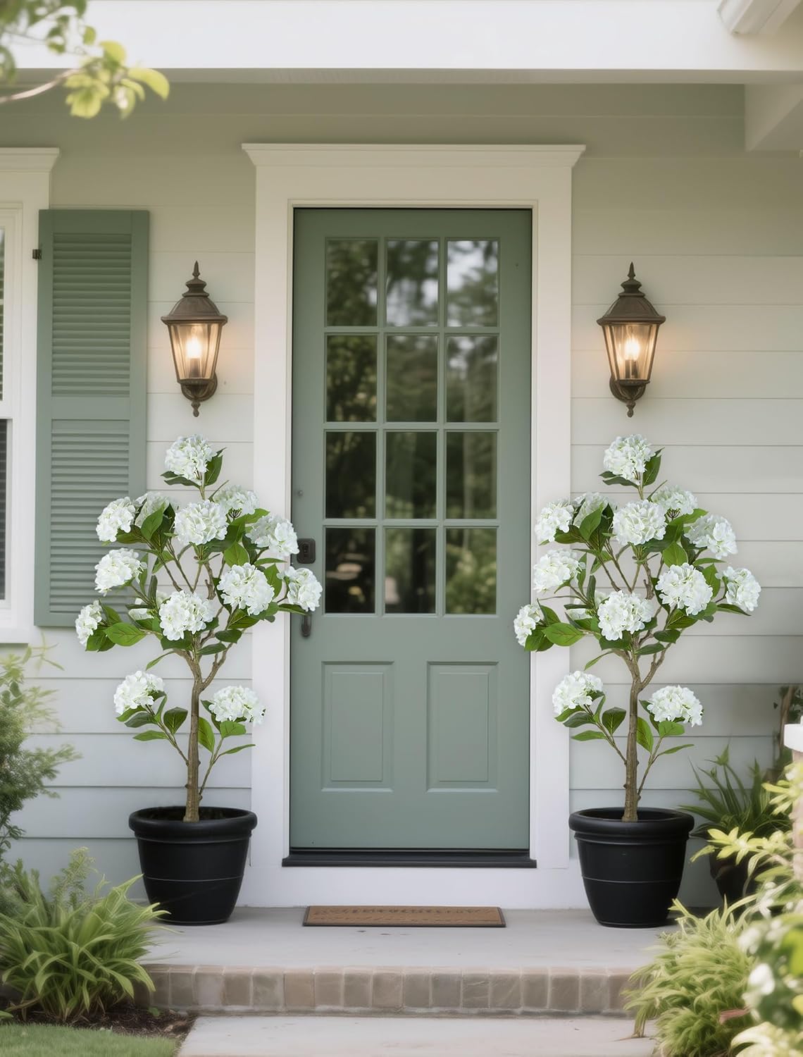 BLOSMON White Hydrangea Artificial Trees: 5ft Real Touch Faux Hydrangeas Flower Tree with Pot for Front Porch Planters Decoration Outdoor - Fake Silk Floral Plant for Home Patio Entrance Decor Indoor