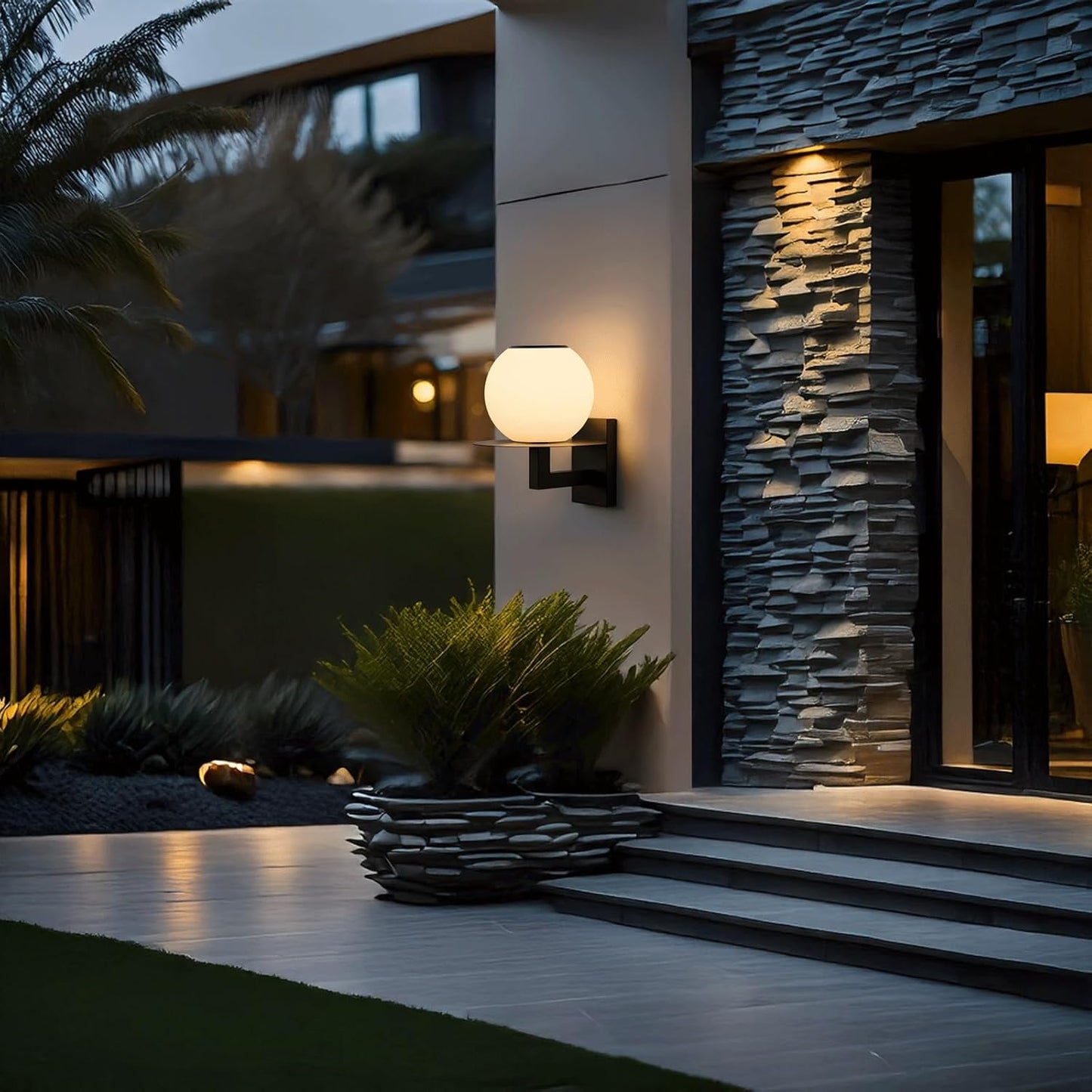 Solar Outdoor Wall Sconce, Exterior Globe Light, Stainless Steel Mounted Lamp, 3 Color Modes PC Waterproof Dusk to Dawn Decor Lighting Fixture for Porch Garden Patio Fence Yard Backyard