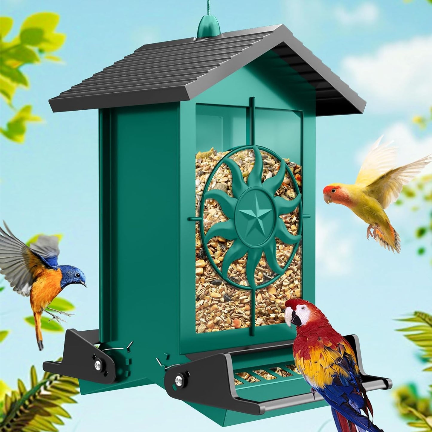 Metal Squirrel Proof Bird Feeders for Outdoors Hanging with Weight Activated Perches, 5LB Large Weatherproof Wild Bird Feeders for Cardinals, Blue Jay, Finch, Durable Backyard Feeders -Green