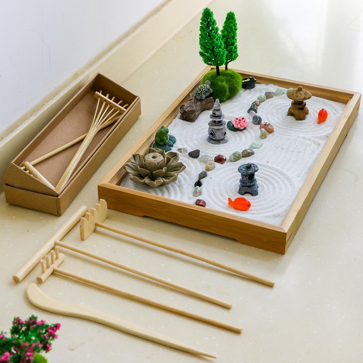 Tabletop Zen Garden Kit Set - Mini Rock Sand Garden Zen Gift Set for Home Office Desk Japanese Decor 7 Zen Tools Mini Rakes 21 Accessories Bamboo Sand Tray Therapy Desktop Meditation Room Gifts