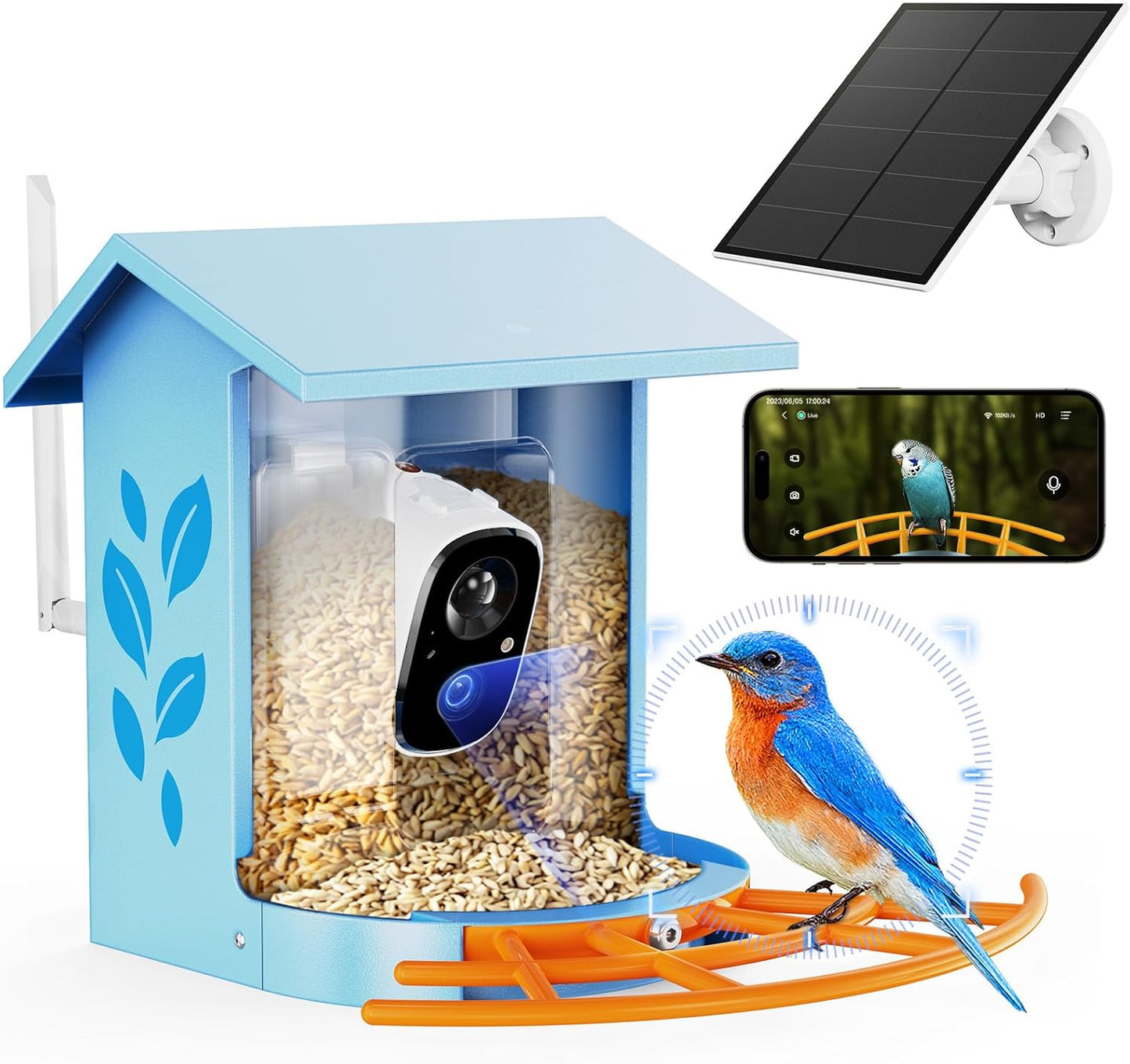 Bird Feeder with Camera Smart Solar Powered Birds Feeder with 1080P FHD, Auto Motion Detect & Notify, AI Identify 11000+ Bird Species Identification & 3W Solar Panel, (with Solar Panel)
