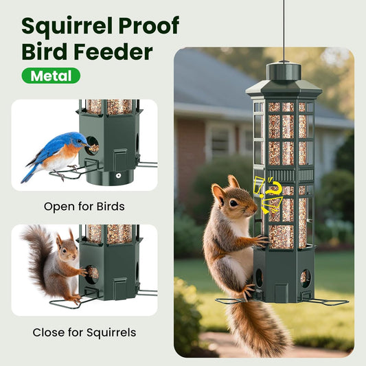 Squirrel Proof Bird Feeder for Outdoors - 3 Port Hanging Metal Squirrel Buster with Gravity Spring, 3LB Large Capacity, Chew-Proof & Weather Resistant, Attract Wild Birds, Green