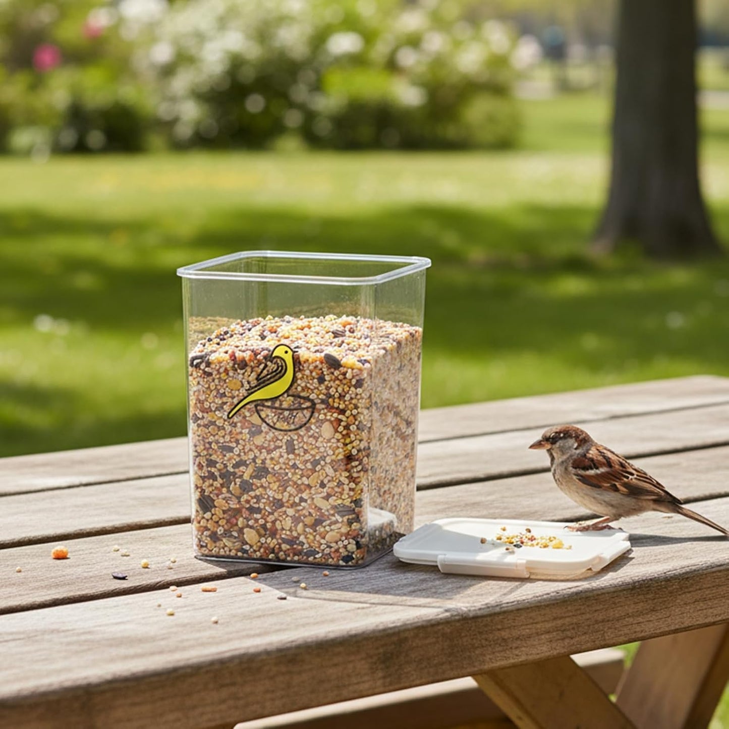 Bird Seed Storage Container，4.5L Pet Food Container with Four-Sided Snap Lock,Clear Plastic Wild Bird Seed Dispenser,Airtight Storing Sunflower Seed|BPA Free