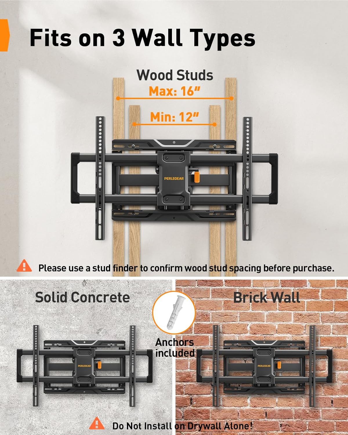 Perlegear Full Motion TV Wall Mount, Heavy Duty TV Mount for 42 55 65 75 85 86 inch Flat/Curved TVs up to 132 lbs, Swivel Tilt Articulating Wall Mount TV Bracket, 16" Studs, Max VESA 600x400mm, PGLF12