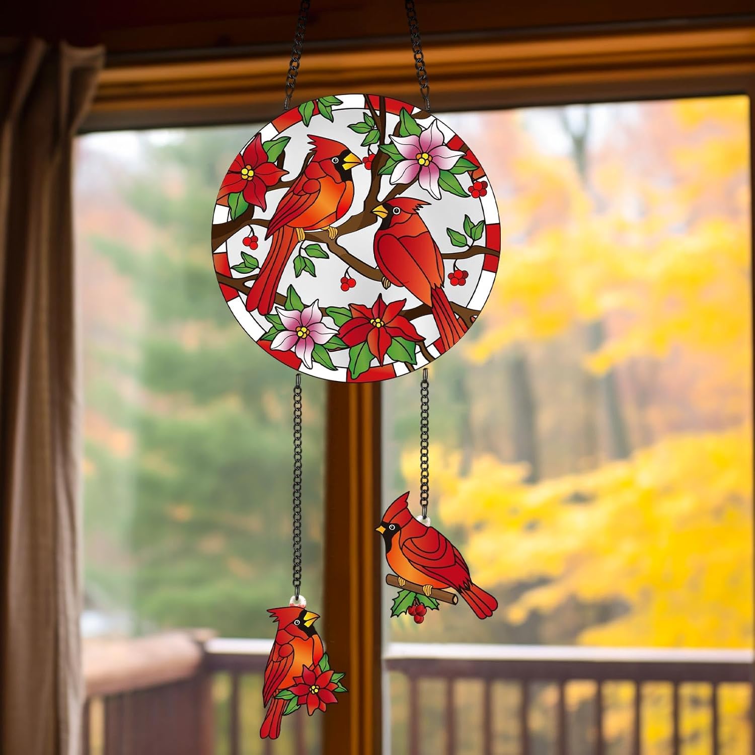 Cardinal Stained Glass Suncatcher for Window Hanging Birds 6.3" Staine
