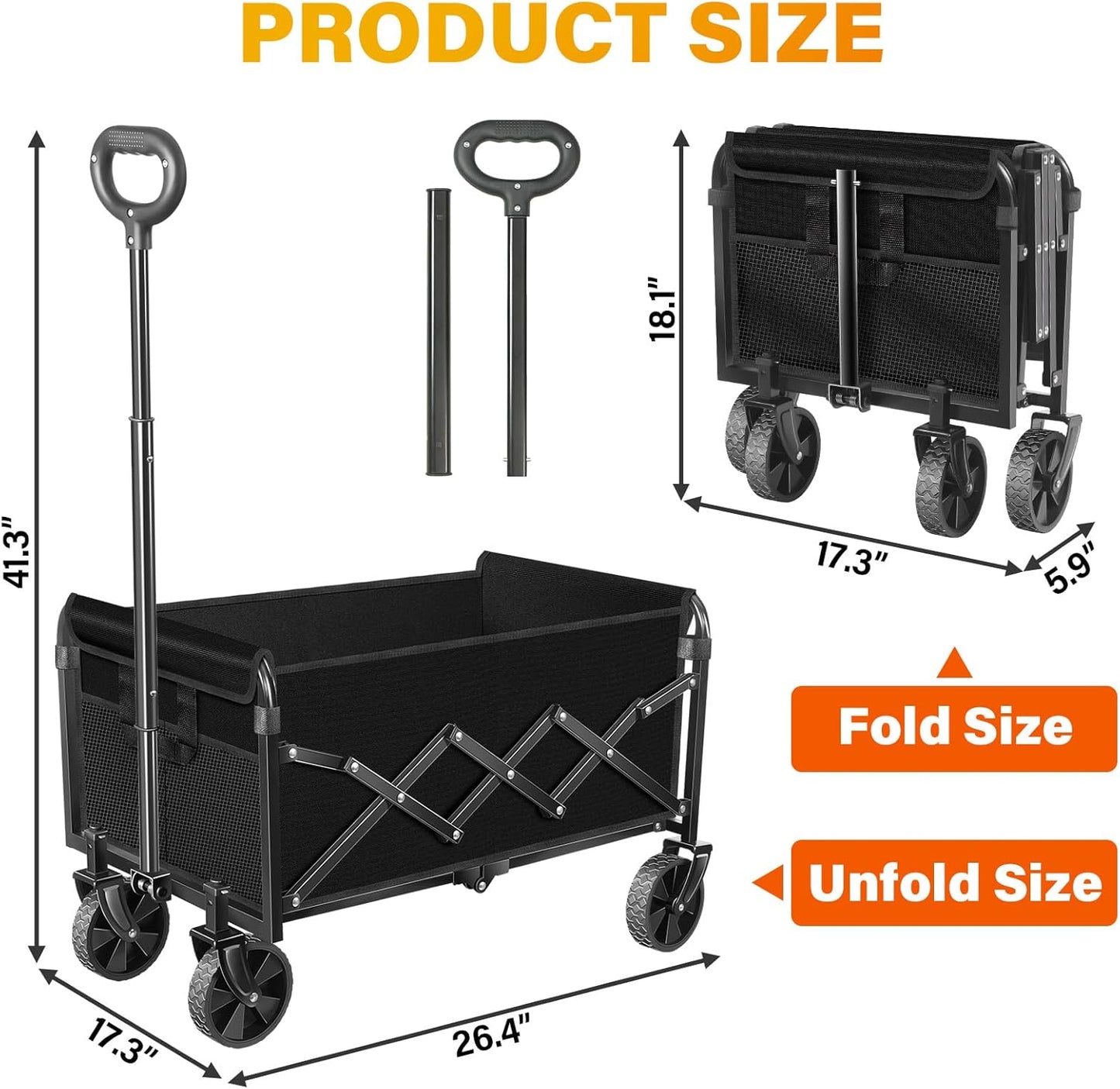 Wagons Carts Foldable, Collapsible Wagon with 360lbs Weight Capacity, Heavy Duty Folding Utility Garden Cart with All-Terrain & Drink Holders for Grocery, Camping, Sports, Shopping and Garden