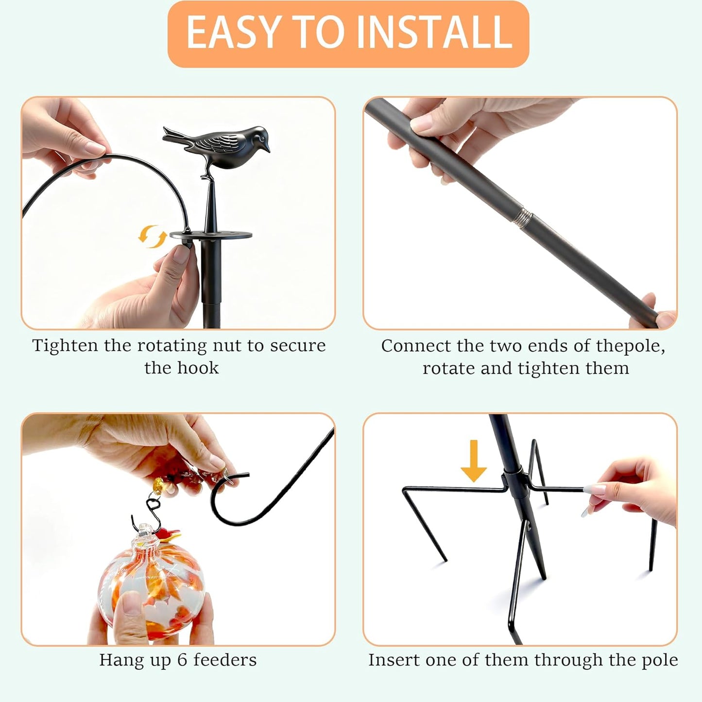 Adjustable Hummingbird Feeder Poles for Outdoors Decorative, Hand Blown Glass Hummingbird Feeders for Outside for Garden Patio Backyard Decor (A)