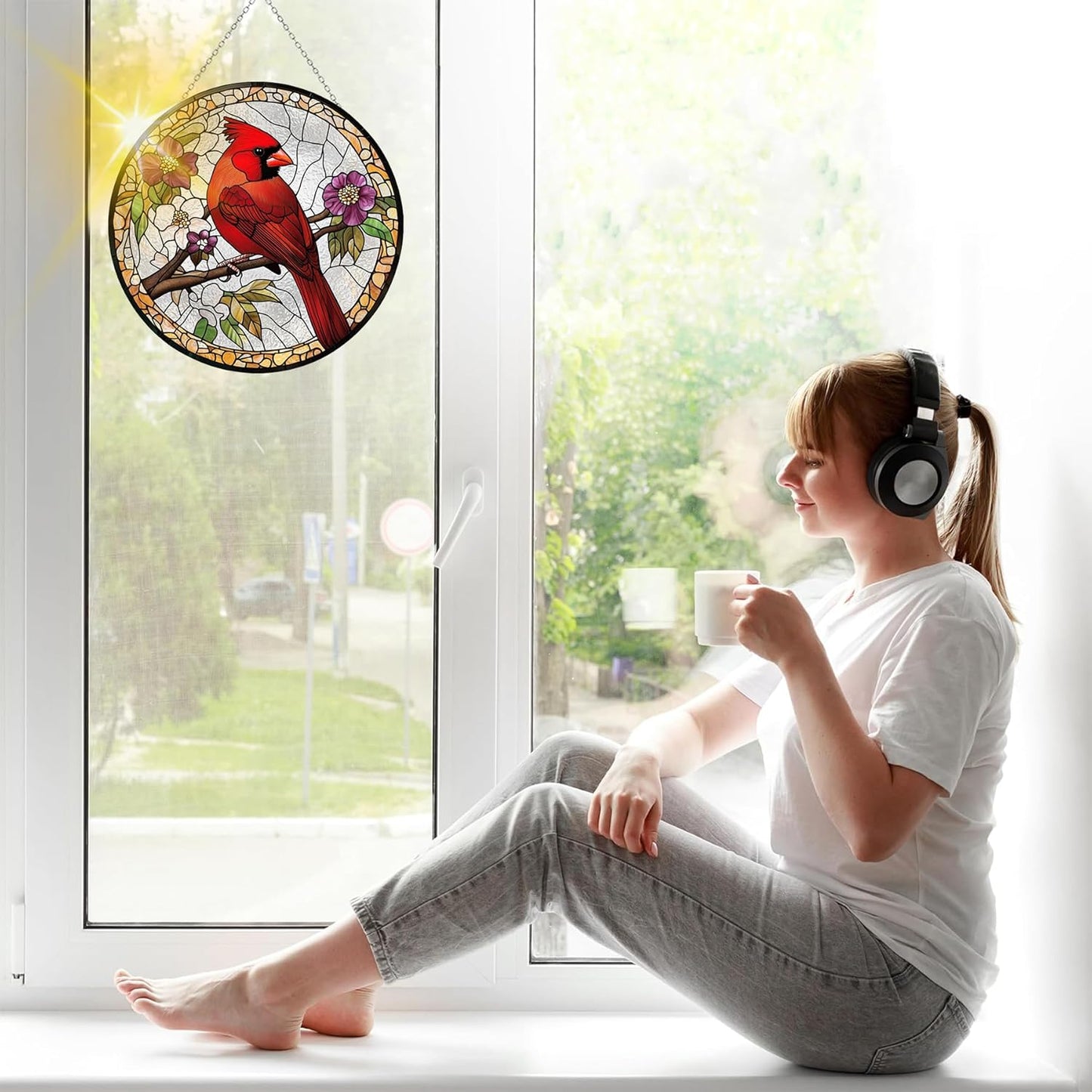 VAIIEYO Cardinal Bird Sun Catcher Stained Glass Window Hanging Ornament, Handmade Sun Catcher Animal Bird Decoration with Hooks for Window Garden Home,Christmas & Birthday Housewarming Gift (7.8 inch)