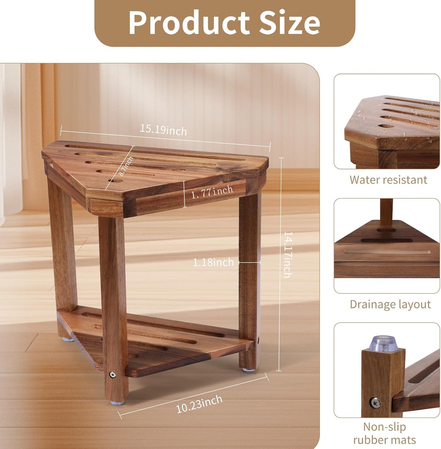 Shower Foot Rest 14in, Acacia Wood Shower Stool for Shaving Legs, Waterproof Corner Shower Stool with Storage Shelf for Inside Small Shower Spaces, Wood Color