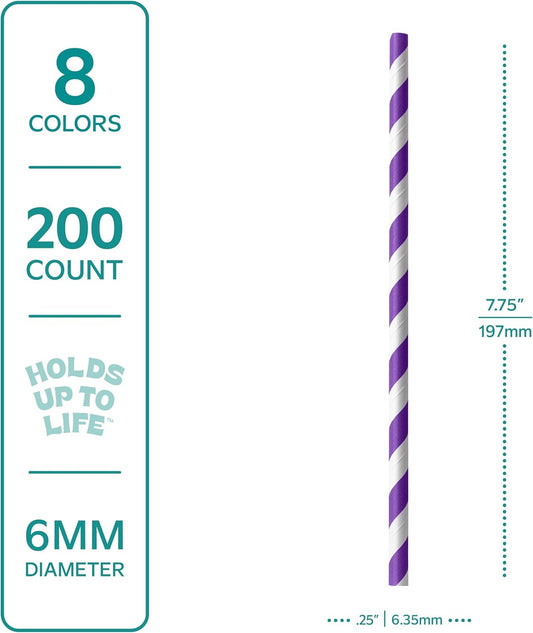 GUSTO [200 Pack] Striped Paper Drinking Straws – Sturdy & Non-Soggy – 100% Biodegradable, Food-Safe Ink, and Multi-Layered for Long-Lasting Use – Vibrant Assorted Colors (Formerly Comfy Package)