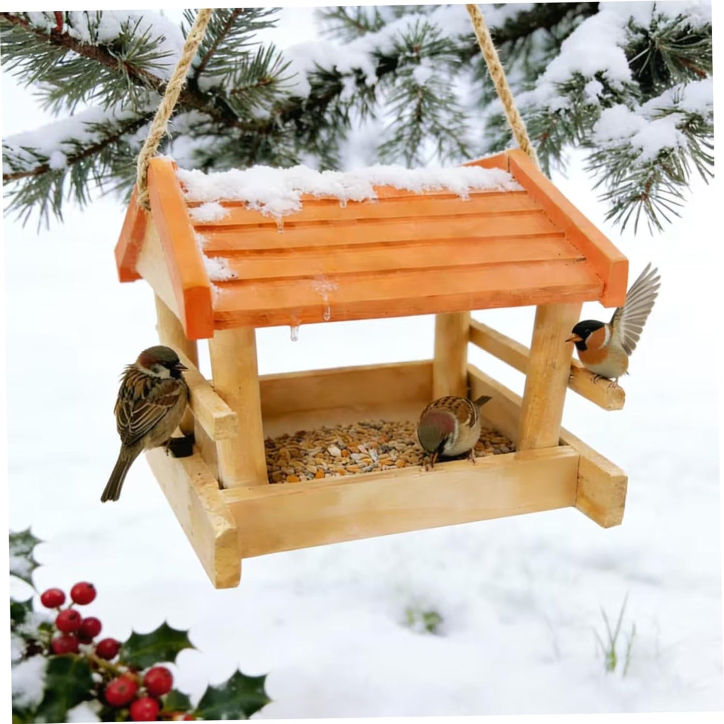 Bird Feeders for Outdoors, Wooden Squirrel-Proof Hanging Bird Feeder w