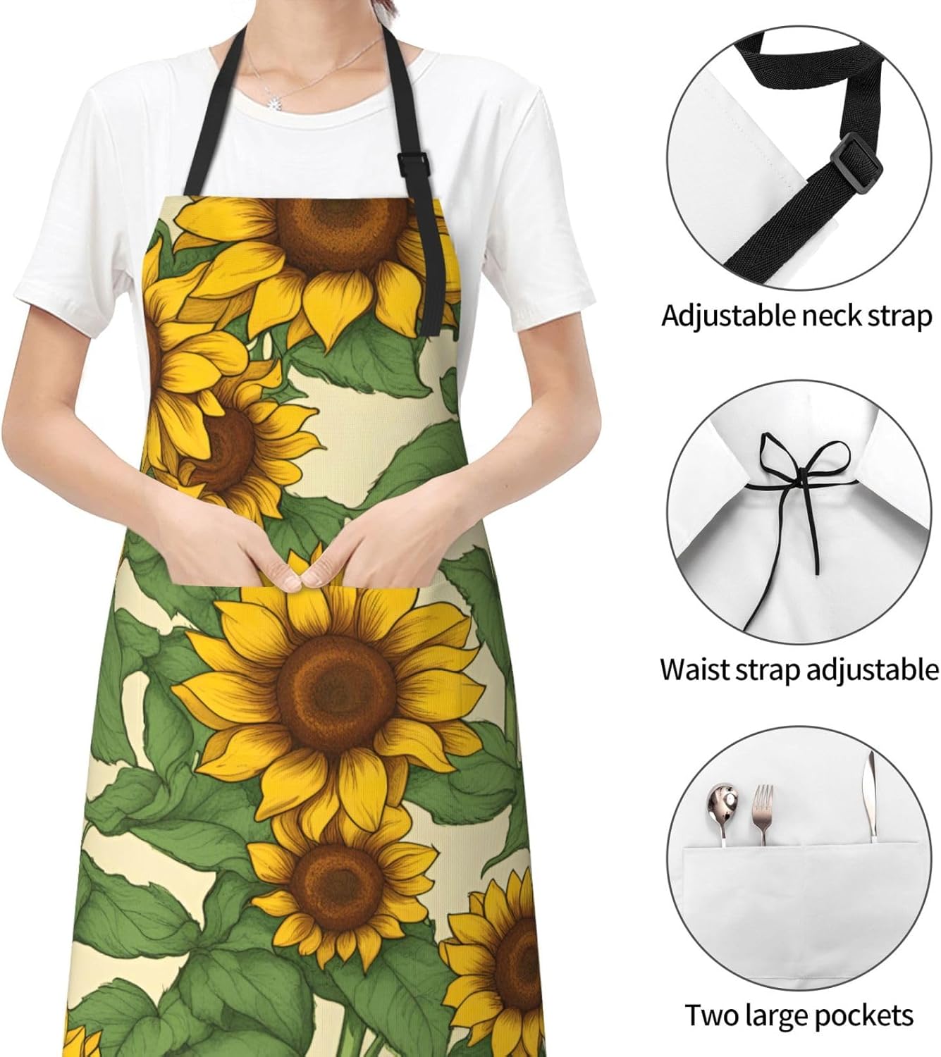 YANYU Sunflower Print 28x33 In Kitchen Apron Stylish Chef Apron with P