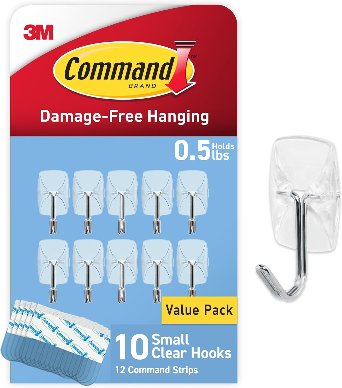Command Small Clear Wire Toggle Hooks, 10 Wall Hook and 12 Strips, Dam