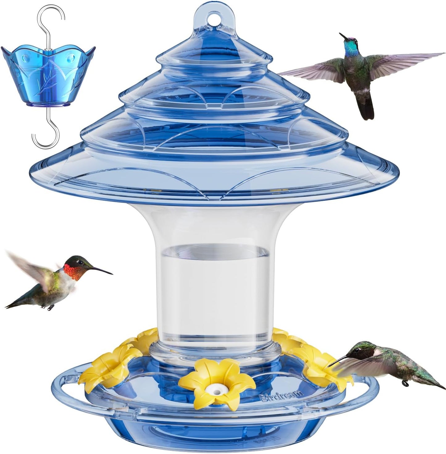 Birdream Hummingbird Feeder for Outdoors Hanging, 20 OZ Humming Birds Feeders with 5 Bee Guard Feeding Ports & Built-in Ant Moat and Brush, Bird Feeder for Outside, Gifts for Women - Blue