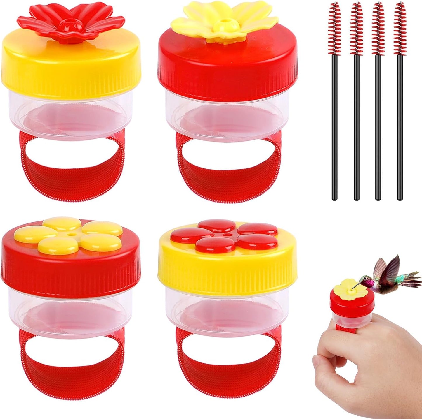 Pawfly 4 Pcs Hand Held Hummingbird Feeders with Cleaning Brushes, Mini Flower Handheld Hummingbird Feeders for Outdoors, Plastic Hummingbird Ring Feeders, Hummingbird Hand Feeders, Wild Bird Feeders