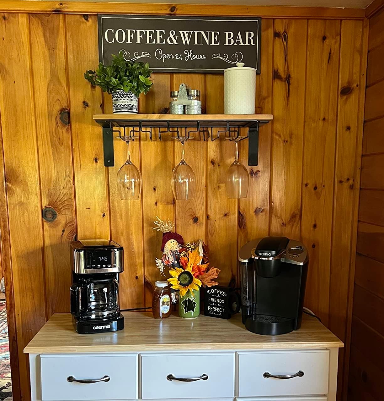 WOWGOOMO Coffee and Wine Bar Signs Decor, Classic Kitchen Wine Cabinet