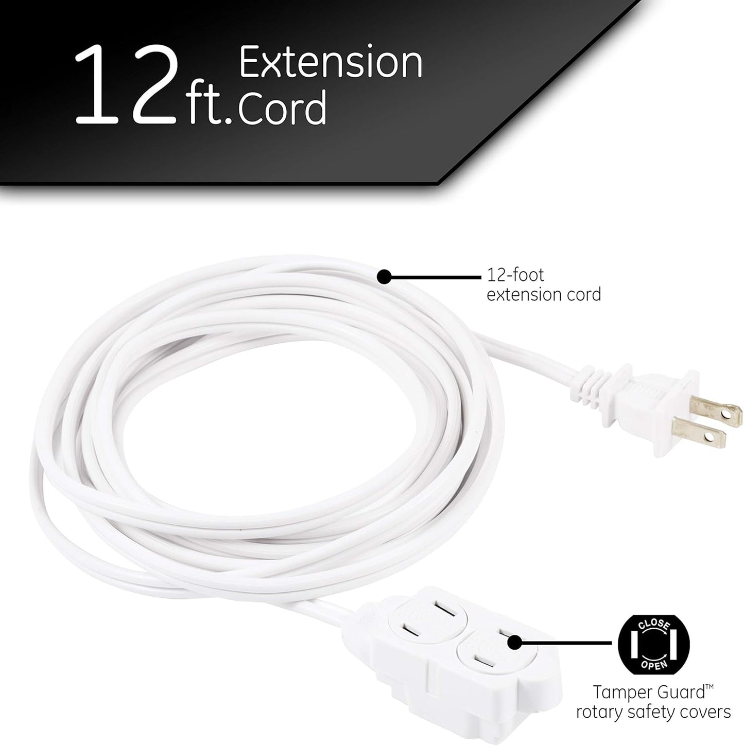GE 3-Extension Cord with Multiple Outlets 12 Ft Power Strip 2 Prong 16 Gauge Twist-to-Close Safety Covers Indoor Outlet Extender UL Listed White 51954