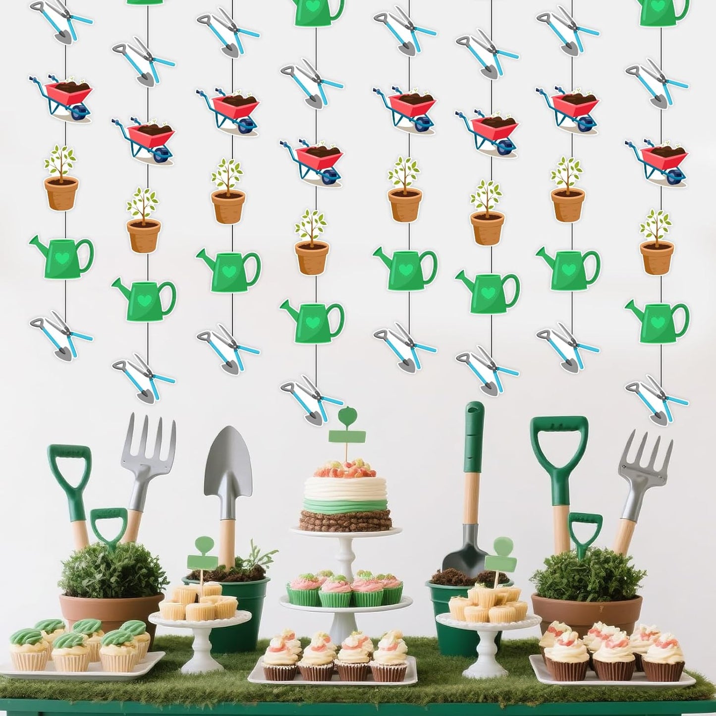 JOYMEMO 8 Pcs Garden Tools Themed Garland Streamers - Gardening Tool Birthday Decorations for Boys Girls Women Men, Hanging Ceiling Decor Party Supplies