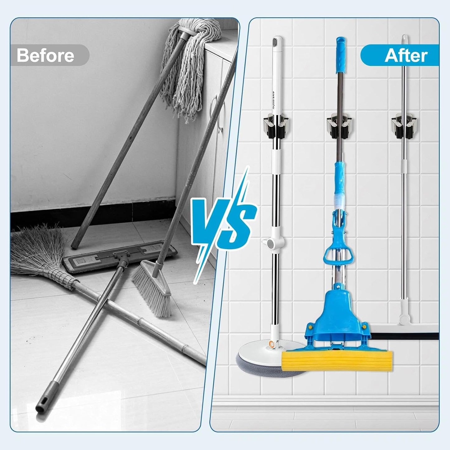 8 Pack Mop and Broom Holder Wall Mount, Heavy Duty Broom and Mop Organizer Wall Hanging Command Broom Holder with Screws, Mop Hanger for Kitchen Laundry Garden Tool Organizer