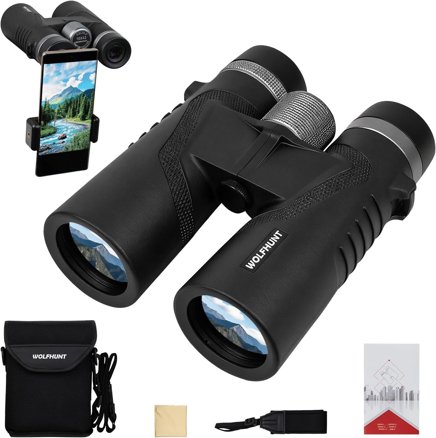 WOLFHUNT 12x42 / 10x42 Optics Binoculars, BAK-4 Prism FMC Lens, High Power Bino IPX7 Waterproof, Nitrogen-Filled Fogproof Binoculars for Bird Watching, Hunting, Travel