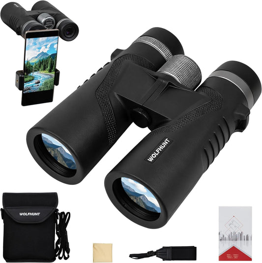 WOLFHUNT 12x42 / 10x42 Optics Binoculars, BAK-4 Prism FMC Lens, High Power Bino IPX7 Waterproof, Nitrogen-Filled Fogproof Binoculars for Bird Watching, Hunting, Travel