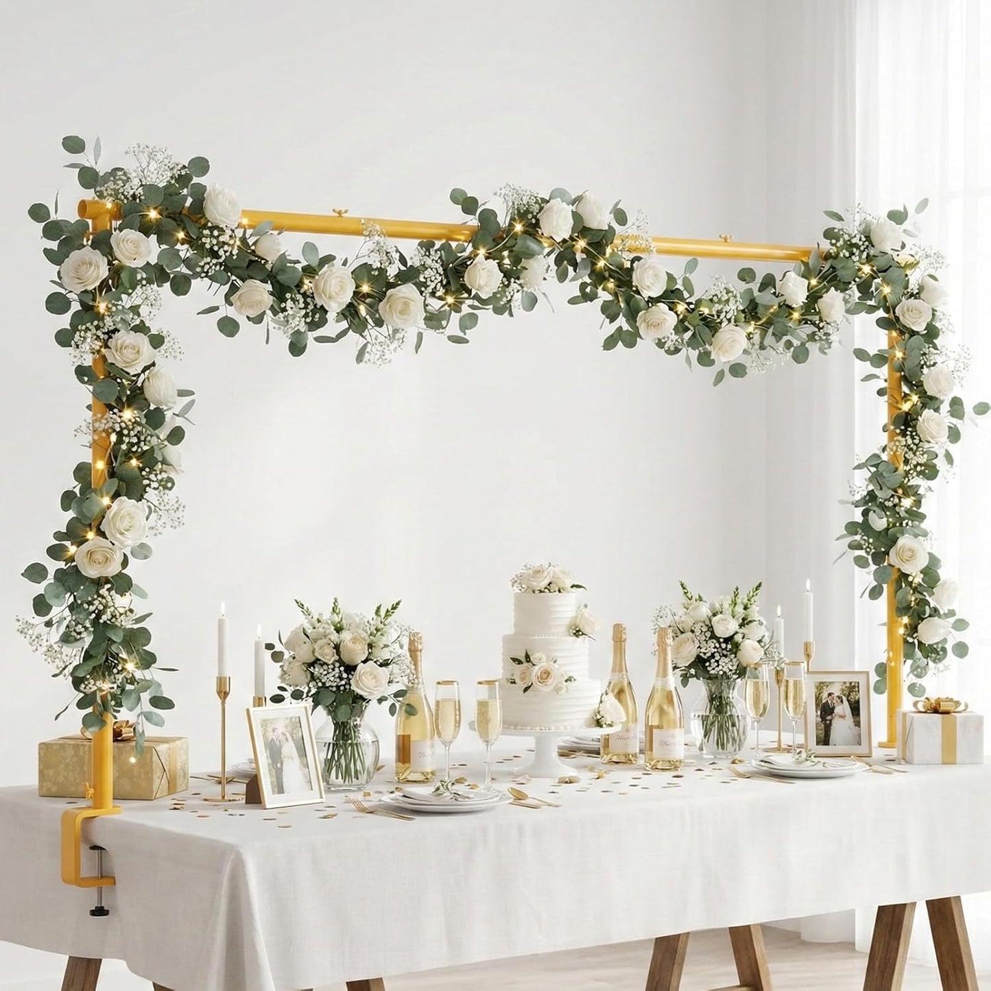 Adjustable Over The Table Arch Stand with Clamps - Heavy Duty Metal Table Rod for Wedding, Birthday, Halloween, Christmas Decorations -8FTx4FT Indoor & Outdoor Party Decor Frame