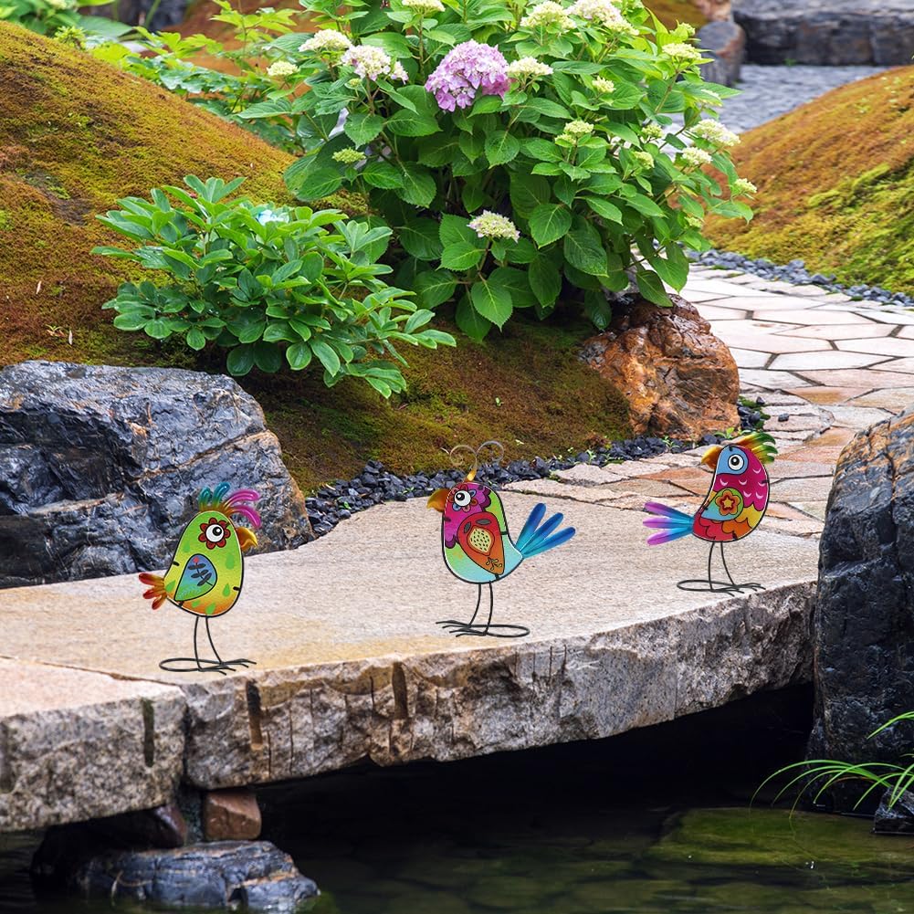 3 Pack Garden Outdoor Metal & Glass Bird Yard Art Decor, Yard Art Deco