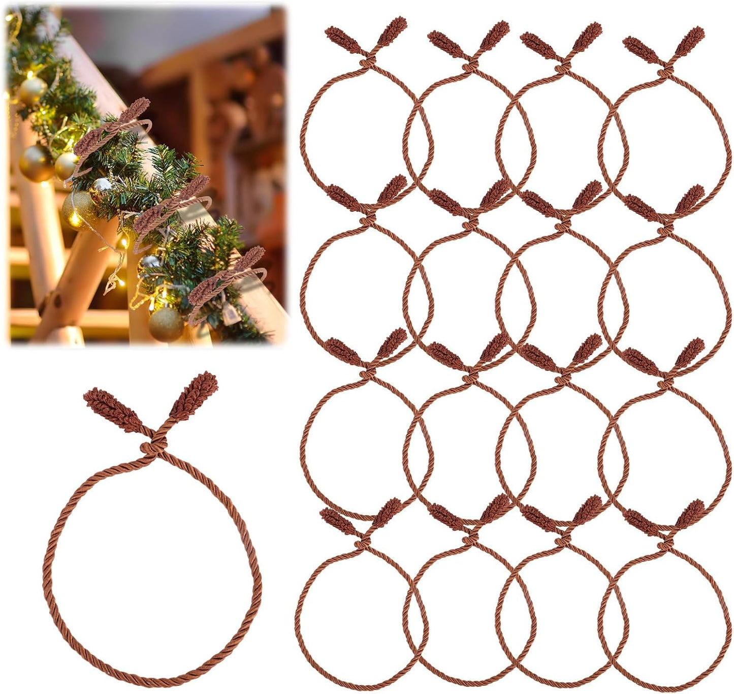 16pcs Christmas Garland Ties, 20 Inch Long Christmas Wreath Ties Holiday Flexible Garland Xmas Railing Clips Holder Hangers Reusable Decorative Banister Twist Tool for Party Home Decor (Brown)