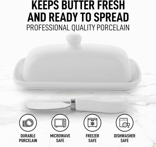 Zulay Kitchen Ceramic Butter Dish with Lid For Countertop & Stainless Steel Knife – Keeps Butter Soft & Fresh – White Butter Dish with Easy-Grip Knob, Durable & Everyday Butter Holder for Home - White