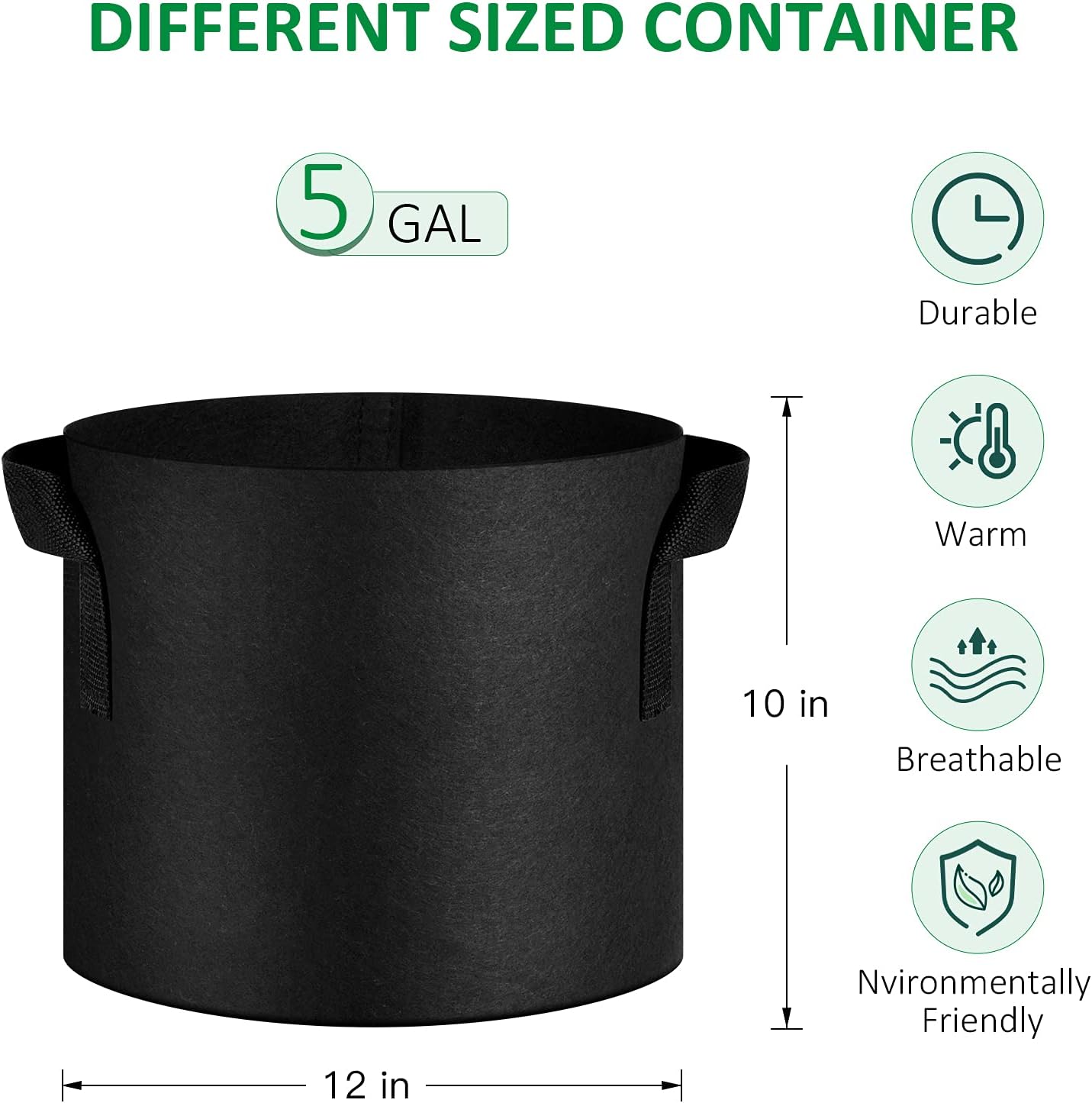 12-Pack 5 Gallon Thickened Non-Woven Grow Bags, Aeration Fabric Pots w