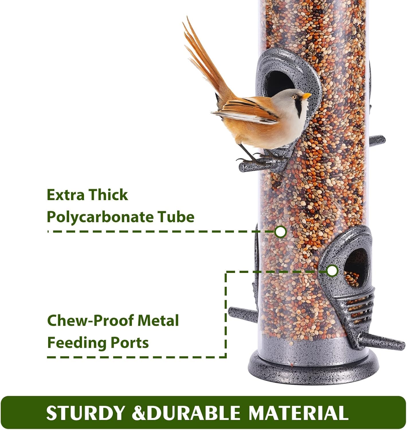 MIXXIDEA Metal Wild Bird Feeder, Squirrel Proof, Hanging 6 Port Tube Transparent Finch Feeder for Attracting Birds in Lawn, Garden, Balcony - Gray