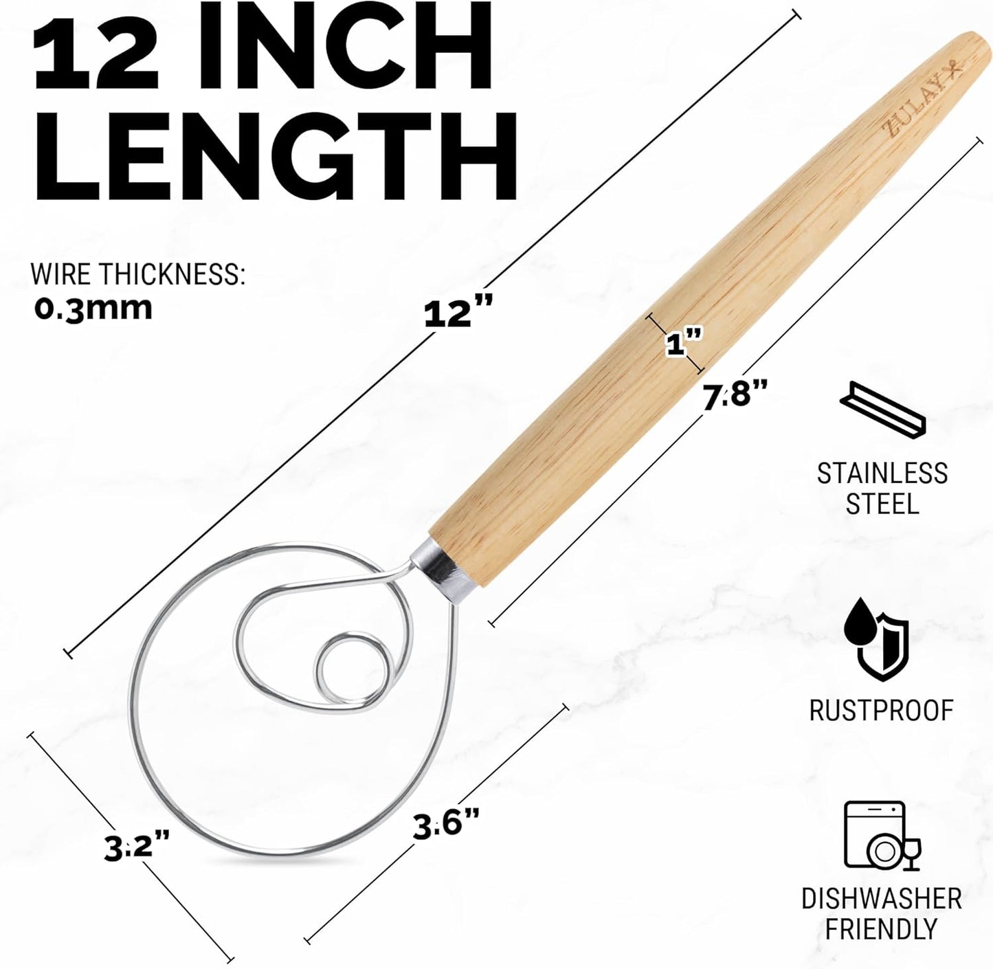 Zulay Kitchen 13-Inch Danish Dough Whisk - Wooden Danish Whisk for Dough with Stainless Steel Dough Hook - Traditional Dutch Whisk - Bread Whisk for Sourdough, Pizza, Pastry, Cake Batter