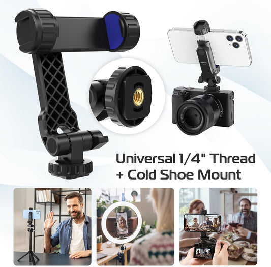 Cell Phone Tripod Mount, Universal Tripod Phone Mount with 2 Cold Shoes, 360° Rotates 180° Tilts Camera Hot Shoe Phone Mount Smartphone Tripod Holder Adapter for iPhone Samsung All Phone