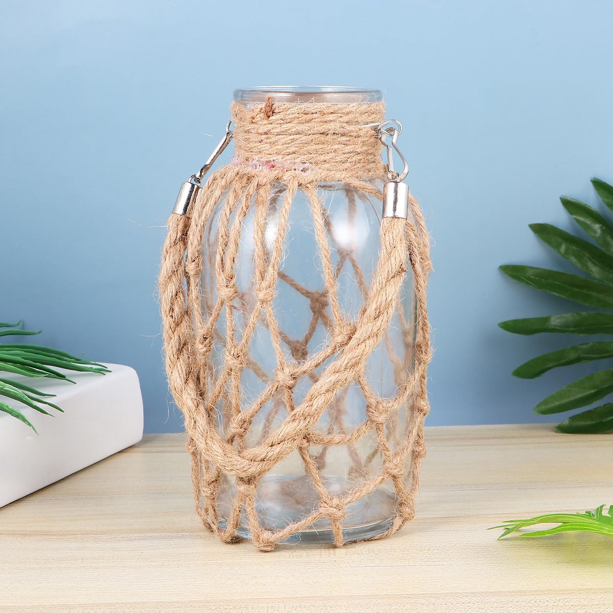 Milisten Rope Glass Vase Hydroponics Flower Pot with Natural Jute Twine Decorative Planter for Home Living Room Office Green Plant Container