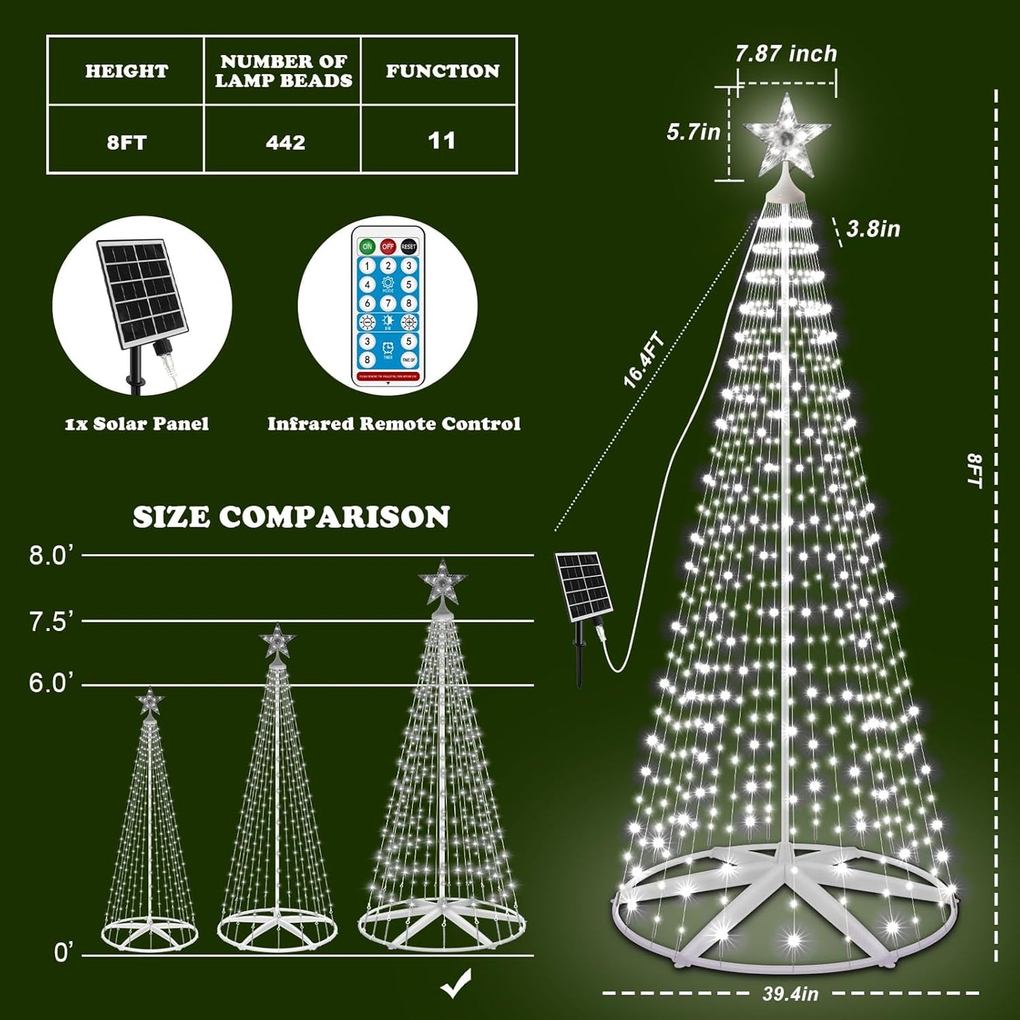 Outdoor Solar Christmas Cone Tree Lights, 8ft 444 LED Christmas Tree LightShow with 8 Modes Timer Remote, Lighted Artificial Tree USB Charge for Xmas Yard Porch Patio Party Holiday Decor, Cold White