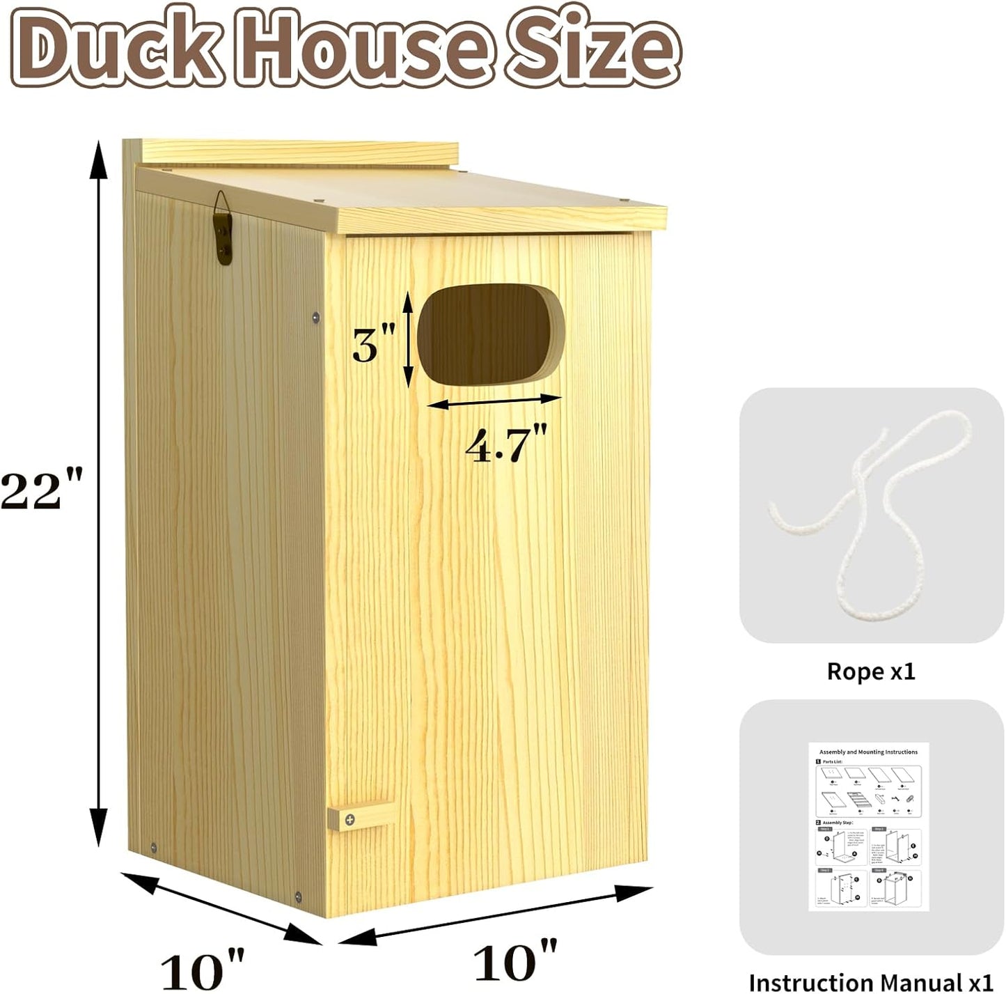 Duck House, Solid Wood Duck Houses for Outside, Included Hanging Rope, Outdoor Duck Nesting Box for Pond, 22" H x 10" D x 10" W, Nesting Pads Not Included