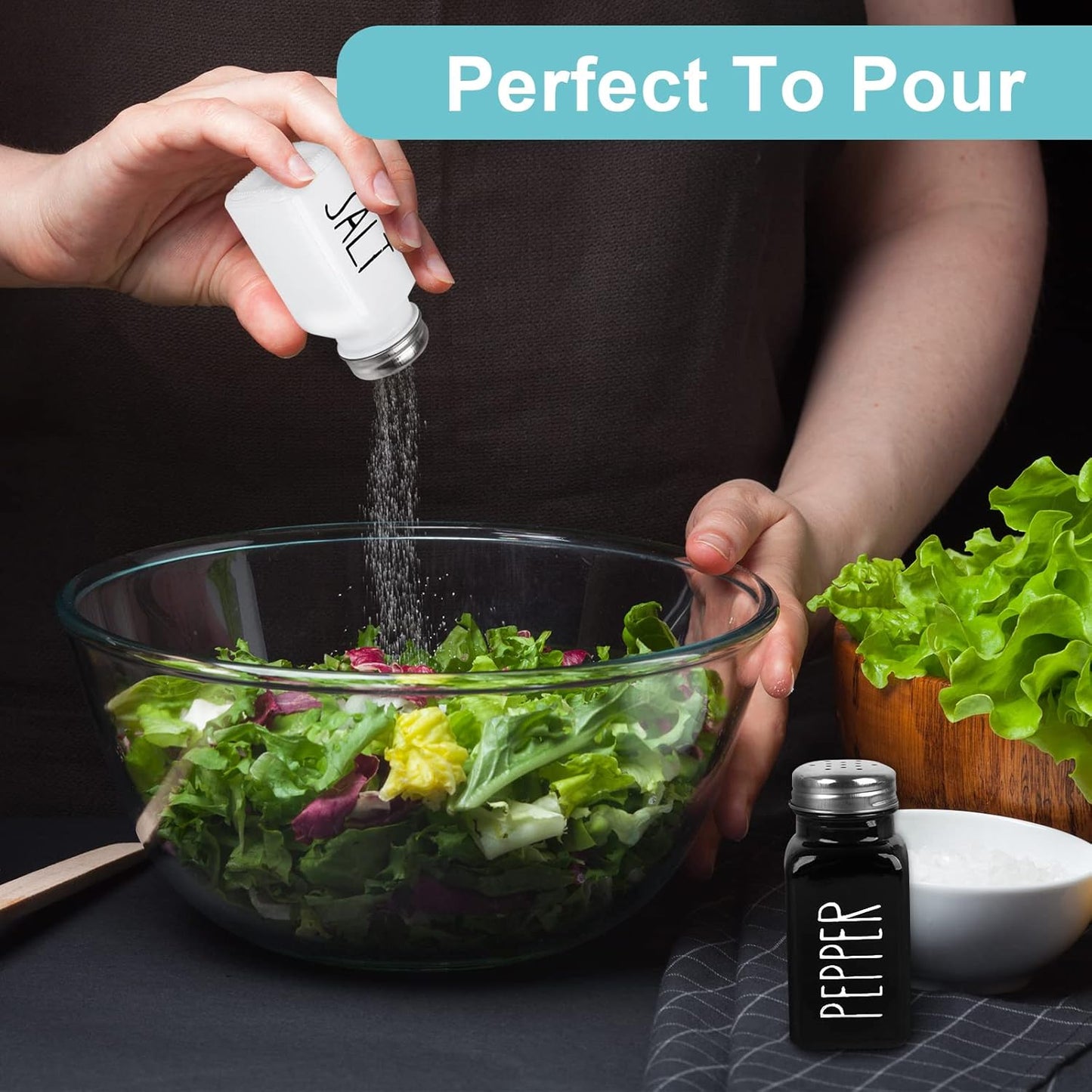 2 Pack Salt and Pepper Shakers Set, Glass Shaker with Stainless Steel Lid, Modern and Cute Farmhouse (Black and White)
