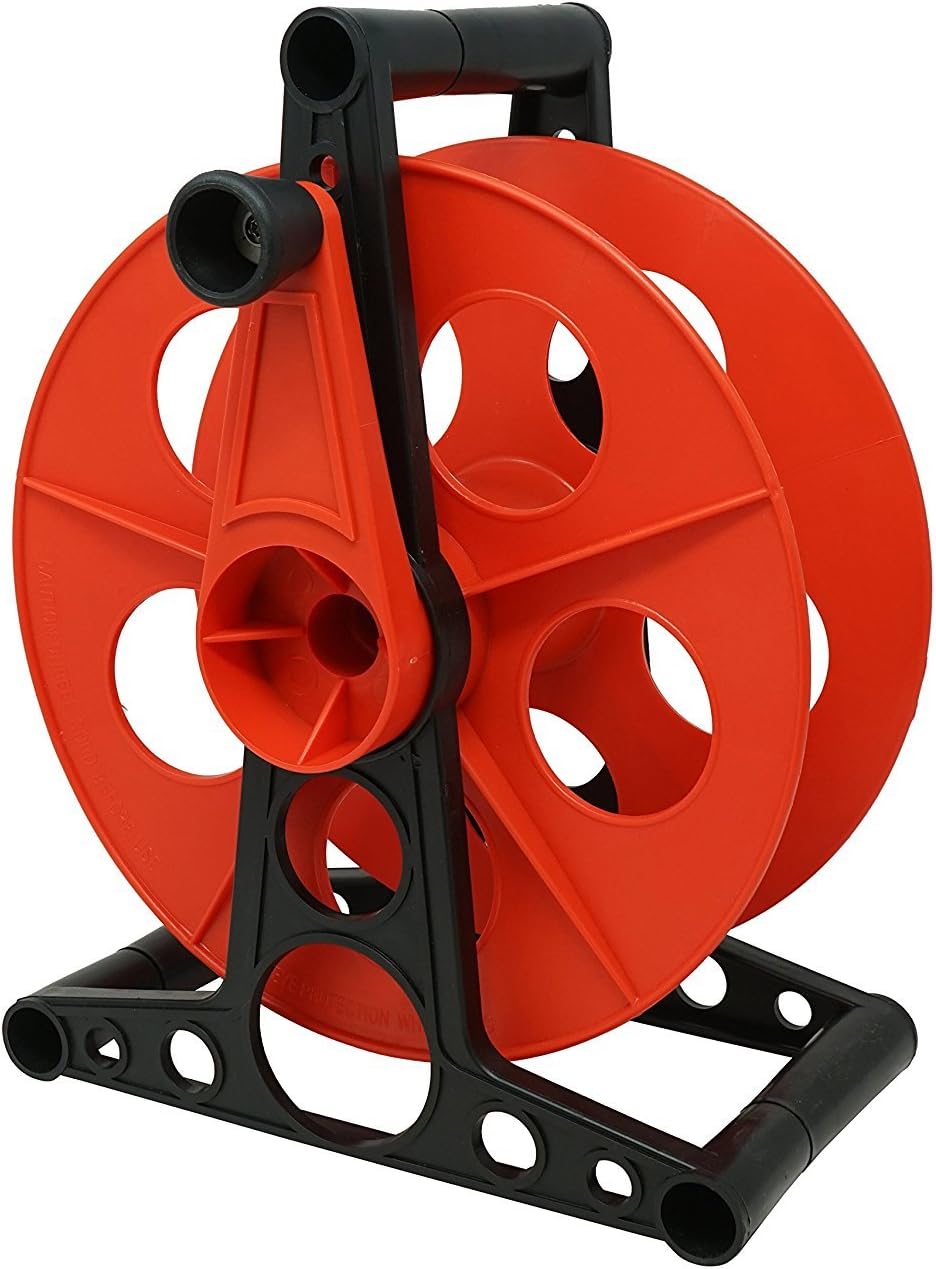 Woods Extension Cord Storage Reel - Holds Up to 150 Feet of 16/3 or 125 Feet of 14/3 Gauge Cord - Tangle-Free Design for Indoor or Outdoor Use - Side-Mounted Crank - Red & Black