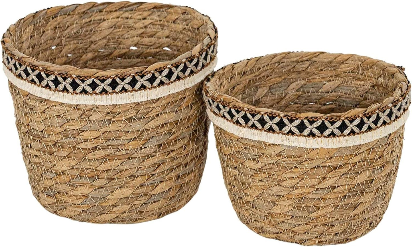 Foreside Home and Garden Set of 2 Embroidered Rim Baskets Natural Seag