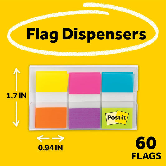 Post-it Flags, 0.94 in. x 1.7 in., One Dispenser with 20-Count Sticky Tabs in Alternating Colors (60 Flags Total), Removable Page Markers for Planners, Journals, and Calendars